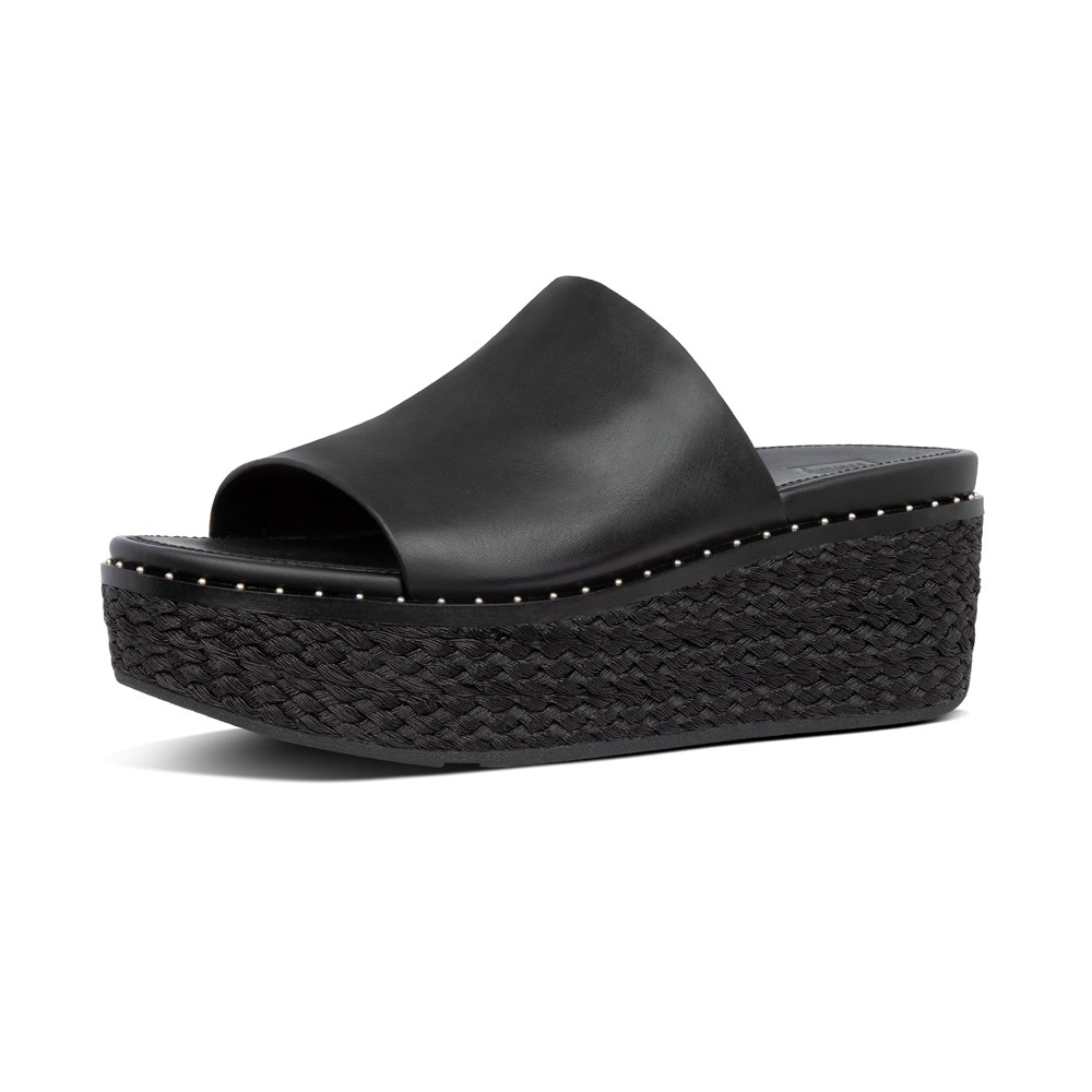 Fitflop Womens Wedge Black - Eloise Espadrille Leather Slides - PN1542697